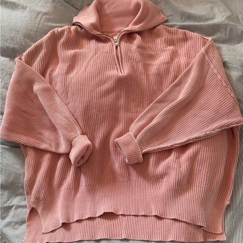 Women's Pink Quarter-Zip Ribbed Sweater